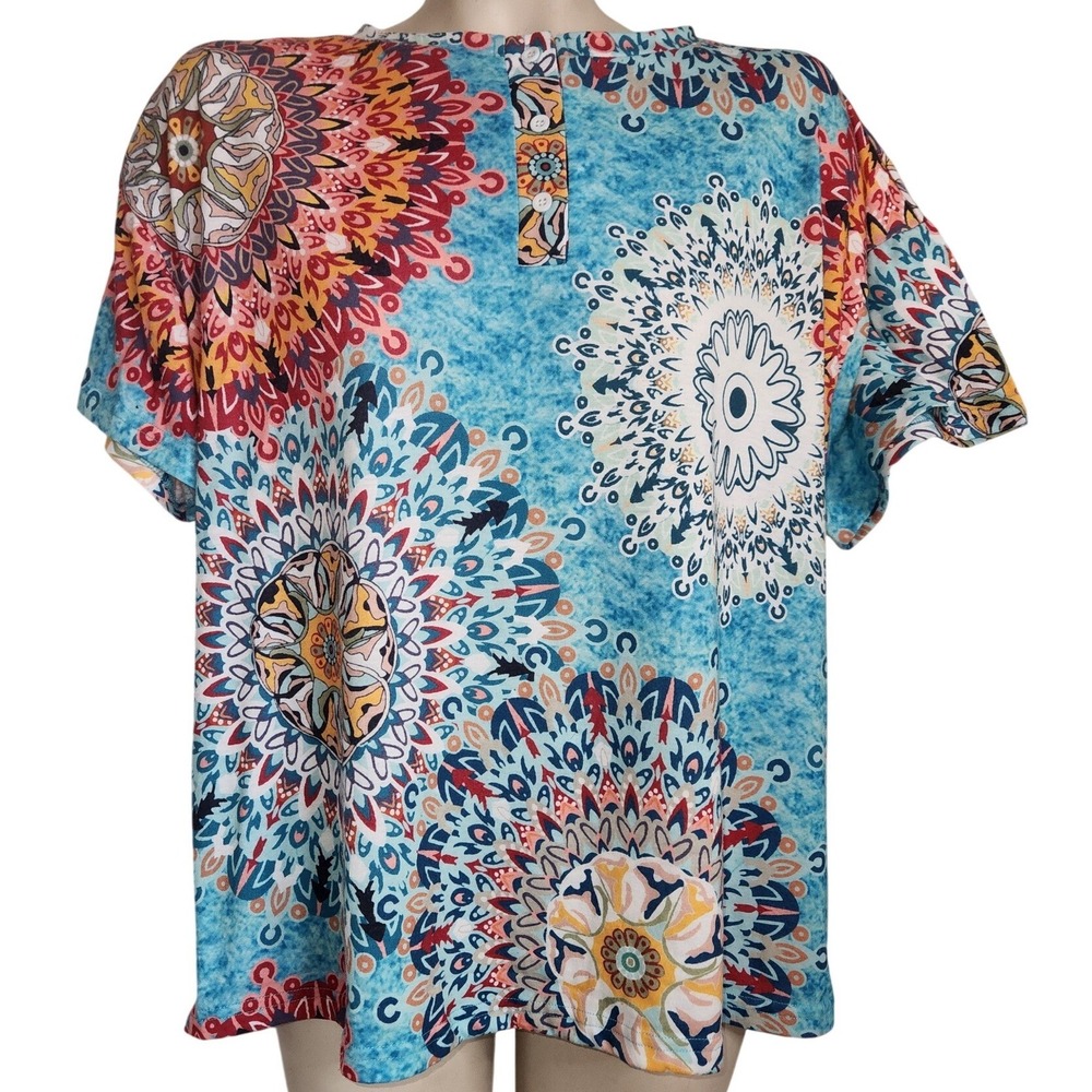 Ekouaer Womens XL Mandala Print Short Sleeve Shirt Blue Orange Boho Tunic casual